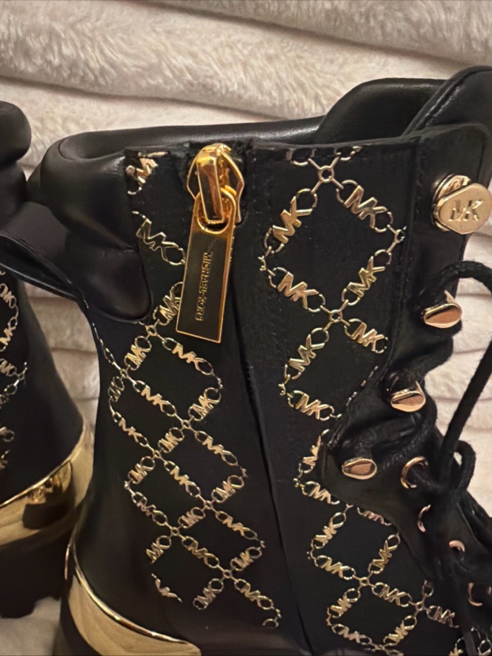 Michael Kors Black and Gold Logo Lace-Up Combat Boots - Picture 3 of 10
